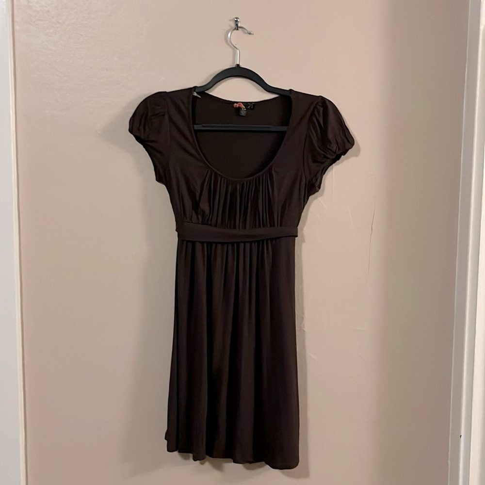 Forever 21 Brown Bubble Cap Sleeve Tie Waist Dress S